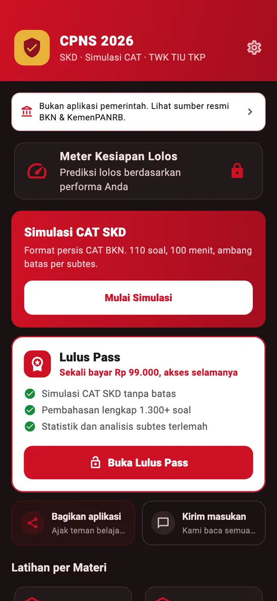 Beranda aplikasi, simulasi CAT SKD dan latihan per materi TWK, TIU, TKP