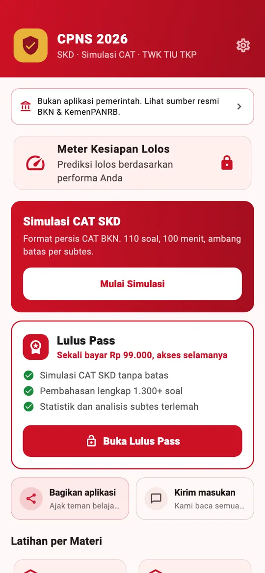 Beranda aplikasi, simulasi CAT SKD dan latihan per materi TWK, TIU, TKP