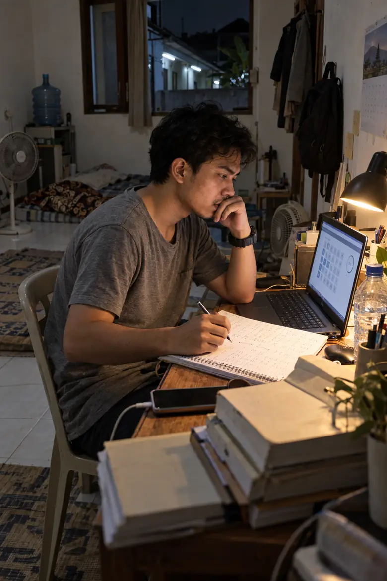 Ilustrasi pelamar CPNS belajar malam di kamar kos, mengerjakan latihan soal di laptop sambil mencatat hitungan di buku