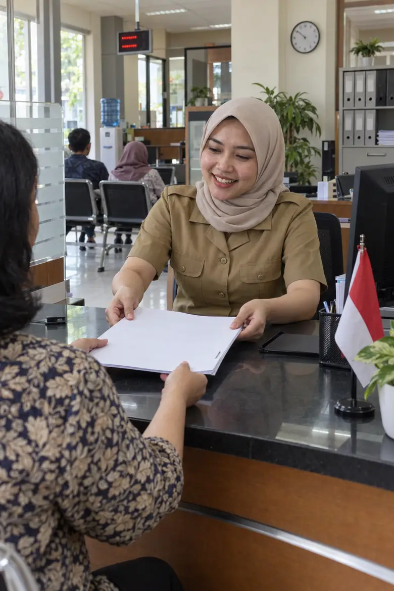 Ilustrasi pegawai ASN berseragam khaki melayani warga di loket pelayanan, menyerahkan berkas dengan dua tangan